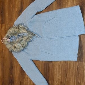 H&M coat light blue knee length removable fur collar winter jacket xl 14
